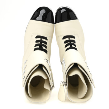 CHANEL Calfskin Patent Cap Toe CC Lace Up Boots 38 Ivory Black