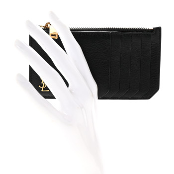 SAINT LAURENT Grained Calfskin Monogram 5 Fragments Zip Pouch Card Holder Black