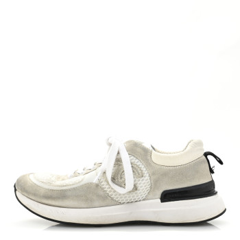 CHANEL Calfskin Mesh Lycra Suede Womens Logo Sneakers 36.5 White