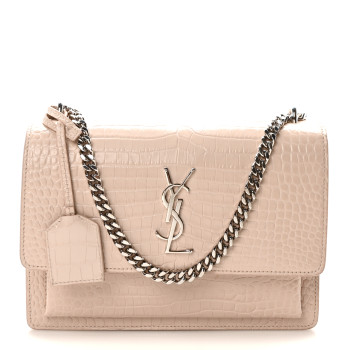 SAINT LAURENT Calfskin Crocodile Embossed Medium Monogram Sunset Washed Light Pink