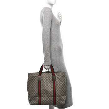 GUCCI Tender GG Supreme Monogram Textured Dollar Calfskin Web Tote Beige Ebony New Acero