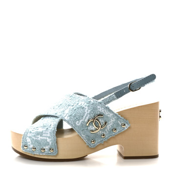 CHANEL Jacquard Studded Slingback Clog Sandals 39 Turquoise White