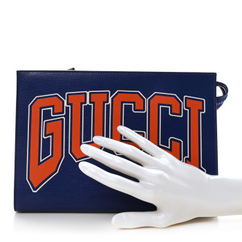 GUCCI New Shanghai Calfskin Interlocking G Logo Wristlet Pouch Cobalt Blue Orange