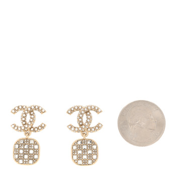 CHANEL Pearl Baguette Crystal CC Drop Earrings Gold