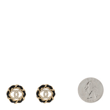 CHANEL Crystal Lambskin Chain CC Stud Earrings Black Gold
