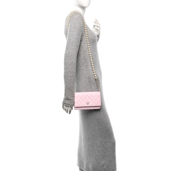 CHANEL Lambskin Quilted Pearl Wallet On Chain WOC Pink