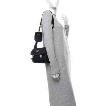 PRADA Re-Nylon Saffiano Pocket Double Snap Buckle Shoulder Bag Black