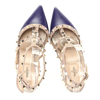 VALENTINO GARAVANI Calfskin Nappa Rockstud Ankle Strap 100mm Pumps 39.5 Dark Purple Poudre