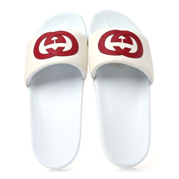 GUCCI Nappa Miro Soft Calfskin Interlocking G Mens Slide Sandals 11 White Hibiscus Red