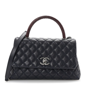 CHANEL Caviar Lizard Embossed Quilted Small Coco Handle Flap Navy Blue