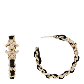 CHANEL Metal Lambskin Quilted CC Turnlock Chain Hoop Earrings Gold Black