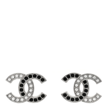CHANEL Crystal CC Earrings Silver Black