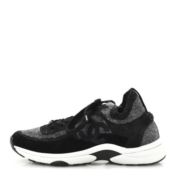 CHANEL Knit Fabric Suede Calfskin Womens CC Sneakers 38 Grey Black