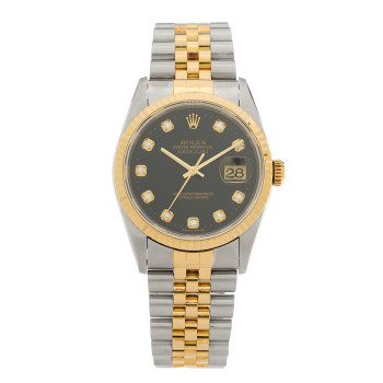 ROLEX Stainless Steel 18K Yellow Gold Diamond 36mm Oyster Perpetual Datejust Watch Black 16233