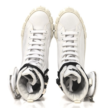 PRADA Re-Nylon Gabardine Metal Triangle Logo Wheel Pouch Pocket High Top Sneakers 40.5 White