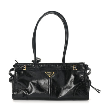 PRADA Glossy Calfskin Triangle Medium Bonnie Shoulder Bag Black