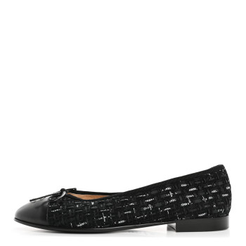 CHANEL Lambskin Ribbon Tweed Cap Toe Ballet Flats 39.5 Black