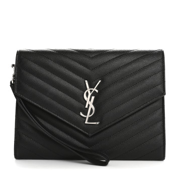 SAINT LAURENT Grain De Poudre Matelasse Chevron Monogram Envelope Clutch Black