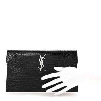 SAINT LAURENT Calfskin Crocodile Embossed Uptown Monogram Clutch Black