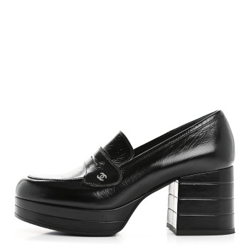 CHANEL Shiny Calfskin CC Platform Mocassin Loafers 39 Black