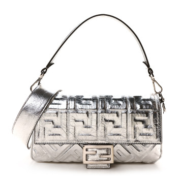 FENDI Vitello Catalan Mirror FF 1974 Embossed Baguette Argento