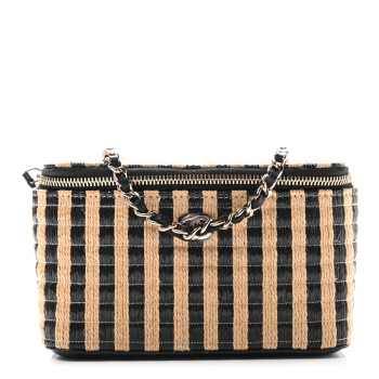 CHANEL Raffia Jute Striped Small Vanity Case With Chain Black Beige