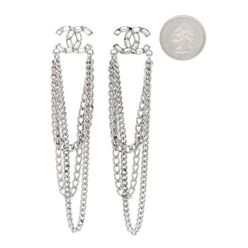 CHANEL Crystal Baguette CC Chain Drop Earrings Silver