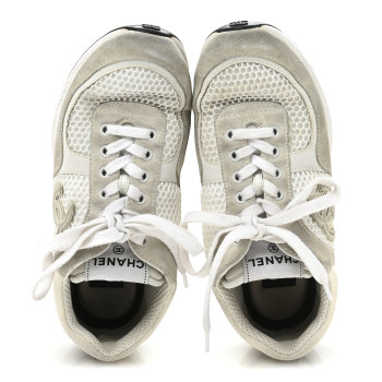 CHANEL Calfskin Mesh Lycra Suede Womens Logo Sneakers 36.5 White