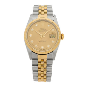 ROLEX Stainless Steel 18K Yellow Gold Diamond 36mm Oyster Perpetual Datejust Watch Champagne 16233