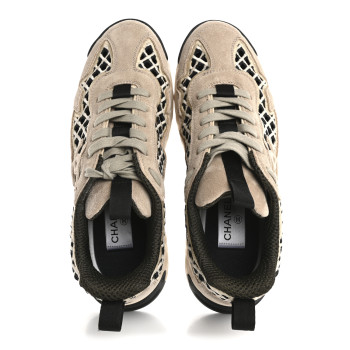 CHANEL Suede Calfskin Embroidered CC Sneakers 38 Beige Black