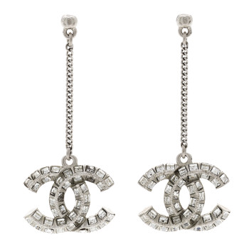 CHANEL Crystal Baguette CC Drop Earrings Silver