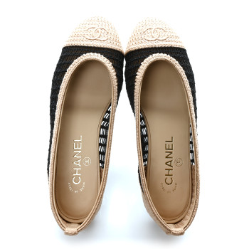 CHANEL Raffia Cap Toe Ballerina Flats 37 Black Beige