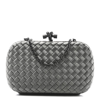 BOTTEGA VENETA Silk Faille Intrecciato Raffia Knot Clutch Argento