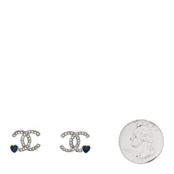 CHANEL Metal Crystal Resin CC Heart Earrings Silver Blue