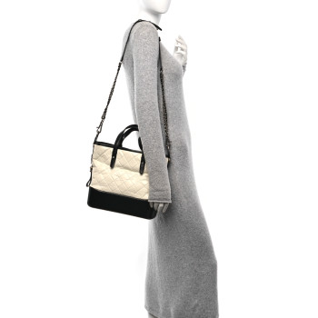 CHANEL Aged Calfskin Quilted Medium Gabrielle Shopping Tote White Black
