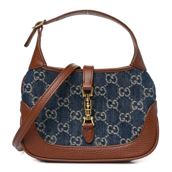 GUCCI New Denim GG Monogram Calfskin Mini Jackie 1961 Hobo Blue Tea Cuir