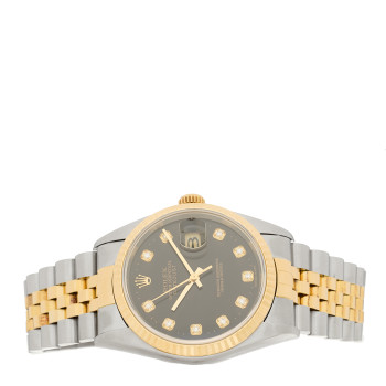 ROLEX Stainless Steel 18K Yellow Gold Diamond 36mm Oyster Perpetual Datejust Watch Black 16233