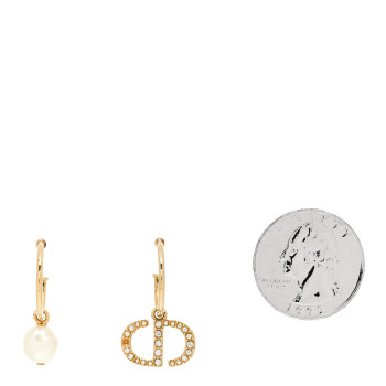 CHRISTIAN DIOR Pearl Crystal Petit CD Hoop Drop Earrings Gold