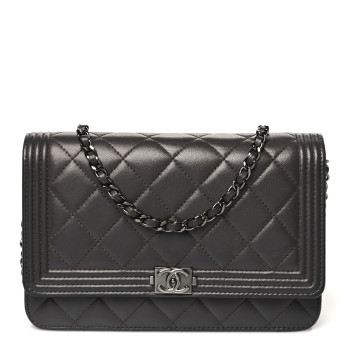 CHANEL Lambskin Quilted Boy Wallet On Chain WOC Dark Grey