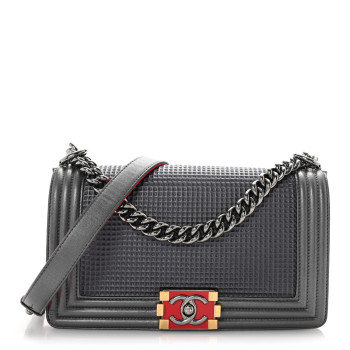 CHANEL Lambskin Embossed Medium Boy Cube Flap Grey
