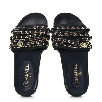 CHANEL Satin Chain Flat Sandals 37 Marine