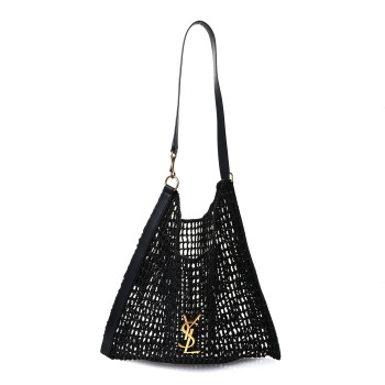 SAINT LAURENT Raffia Calfskin Oxalis Shoulder Bag Black