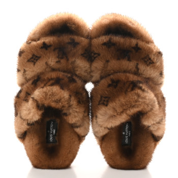 LOUIS VUITTON Mink Fur Bom Dia Slippers 36.5 Cognac