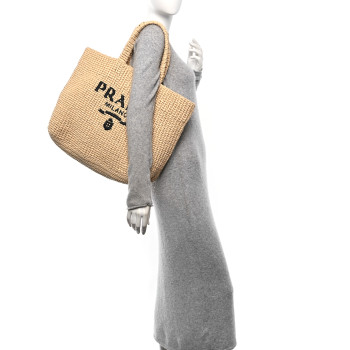 PRADA Yarn Raffia Effect Crochet Embroidered Logo Tote Naturale