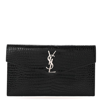 SAINT LAURENT Calfskin Crocodile Embossed Uptown Monogram Clutch Black