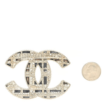 CHANEL Crystal Pearl CC Tweed Brooch Blue White Pearly White