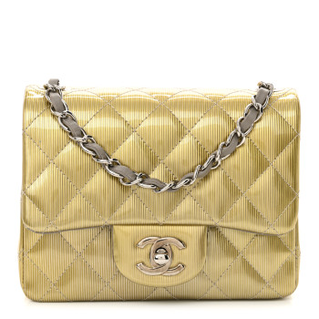 CHANEL Striated Patent Quilted Mini Square Flap Beige