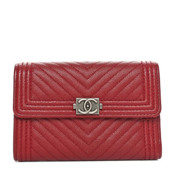 CHANEL Caviar Chevron Quilted Boy Flap Wallet Red