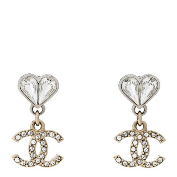 CHANEL Crystal CC Heart Drop Earrings Gold Silver