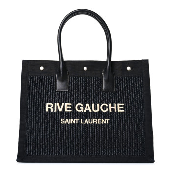 SAINT LAURENT Raffia Linen Calfskin Small Rive Gauche Tote Black